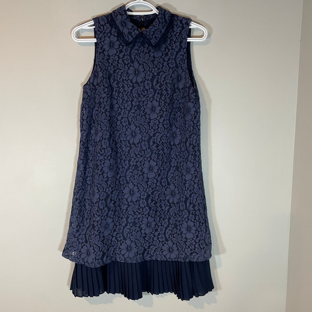 Nanette Lepore Navy Blue Lace Pleated Hem Peter Pan Collared Shift Dress Size‎ 2
